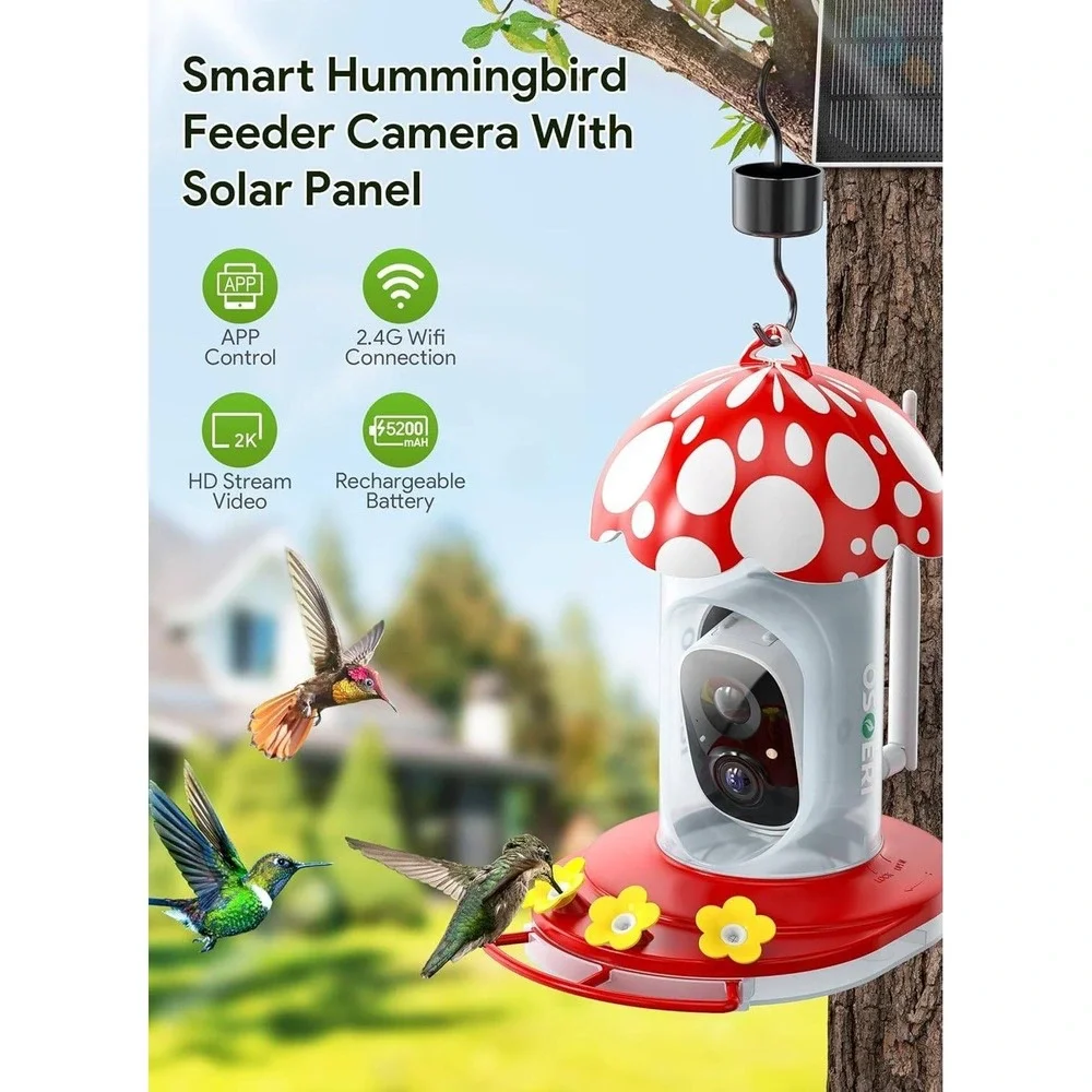 Osoeri OS-BC03 Hummingbird Feeder with Camera, 2K HD AI Identify Solar Bird Fee